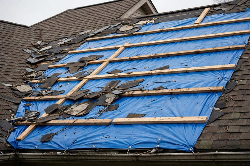 Emergency roof tarp secured over storm-damaged shingles on an Owasso home after high winds