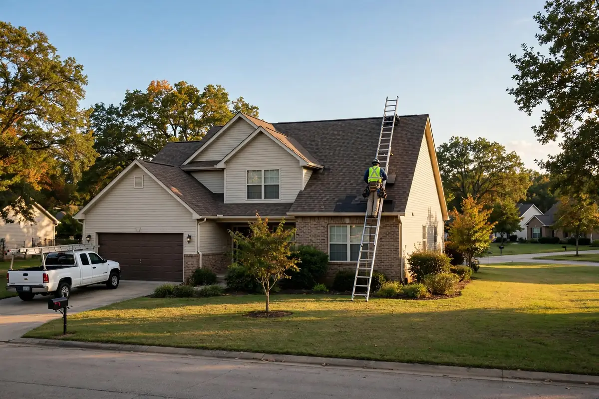 Roofer inspecting asphalt shingles on an Owasso, Oklahoma home