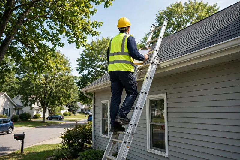 Roof inspector climbing a ladder for a scheduled maintenance inspection in Owasso, Oklahoma