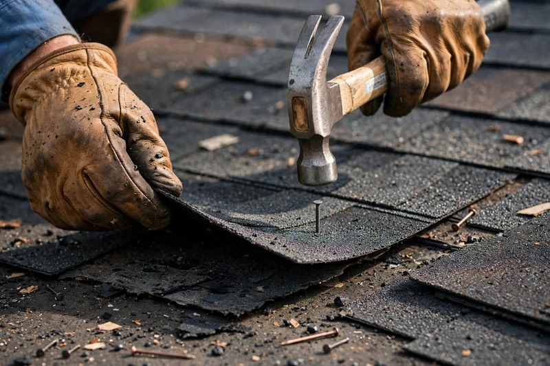 Roofer replacing damaged shingles during scheduled roof maintenance in Owasso Oklahoma
