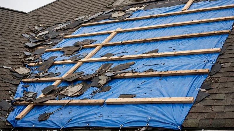 Blue emergency tarp secured over a storm-damaged section of roof