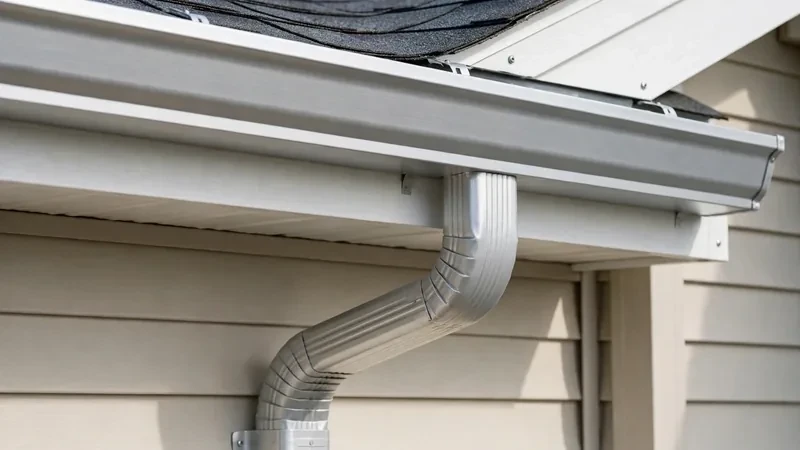 Newly installed seamless gutters along a roof eave