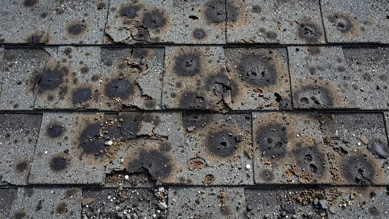 Close-up of hail-damaged asphalt shingles with bruised and fractured mats