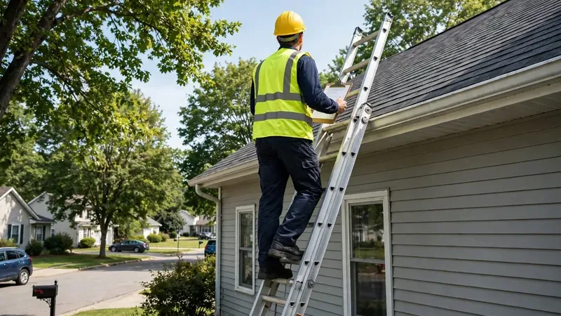 Roof inspector with a clipboard climbing a ladder for an Owasso roof inspection