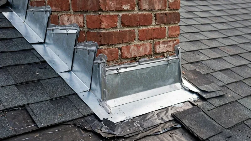 Chimney flashing being inspected during a scheduled roof maintenance visit