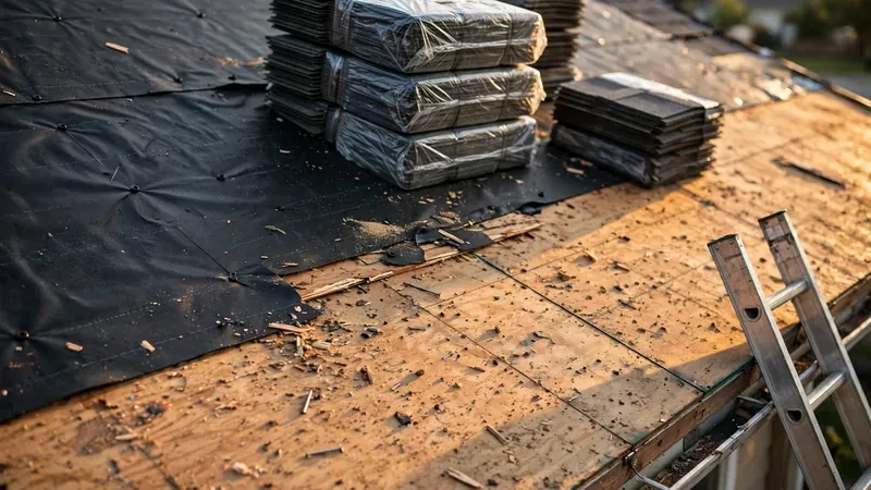 Roof deck stripped and prepped with underlayment during a full roof replacement