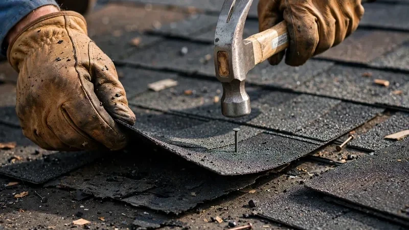 Gloved hands hammering a replacement asphalt shingle during a roof repair in Owasso, OK