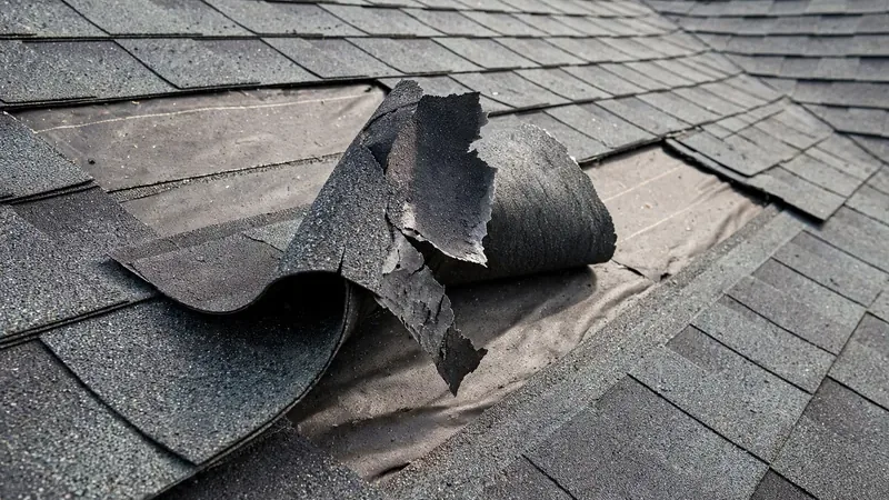 Wind-lifted shingles peeling back on a residential roof in Owasso